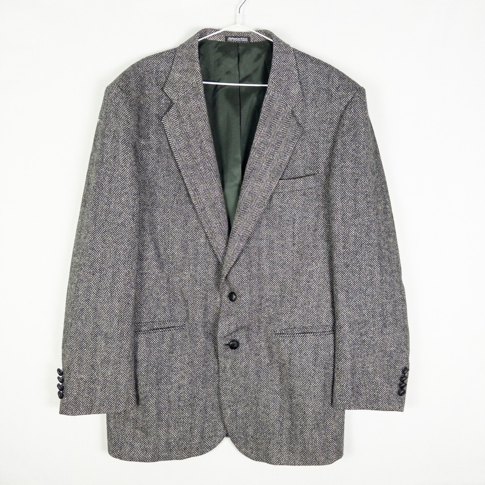 Vintage Savile Row Wool Herringbone Blazer Mens 42L Gray Tailored USA Dark Acade